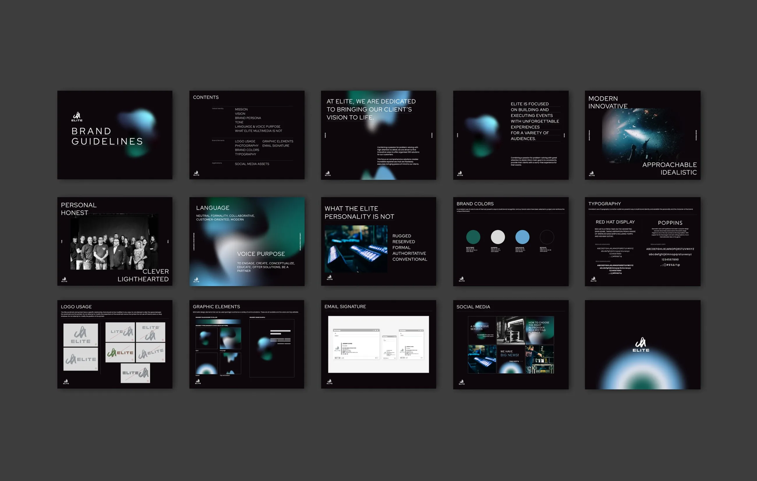 Elite Multimedia brand guidelines spreads: contents, brand persona, colors, typography, logo usage and graphic elements