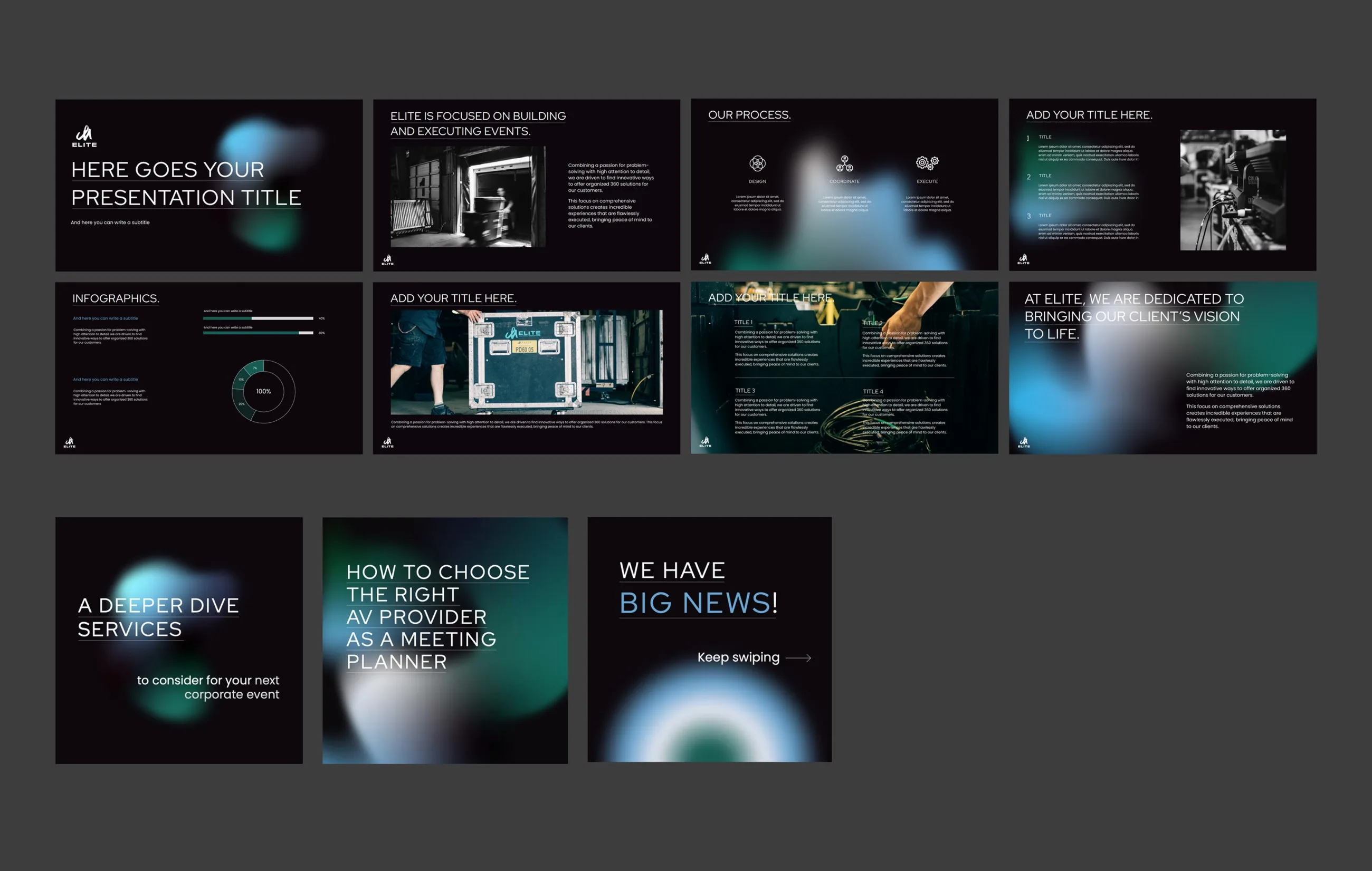 Elite Multimedia presentation template slides and social media posts