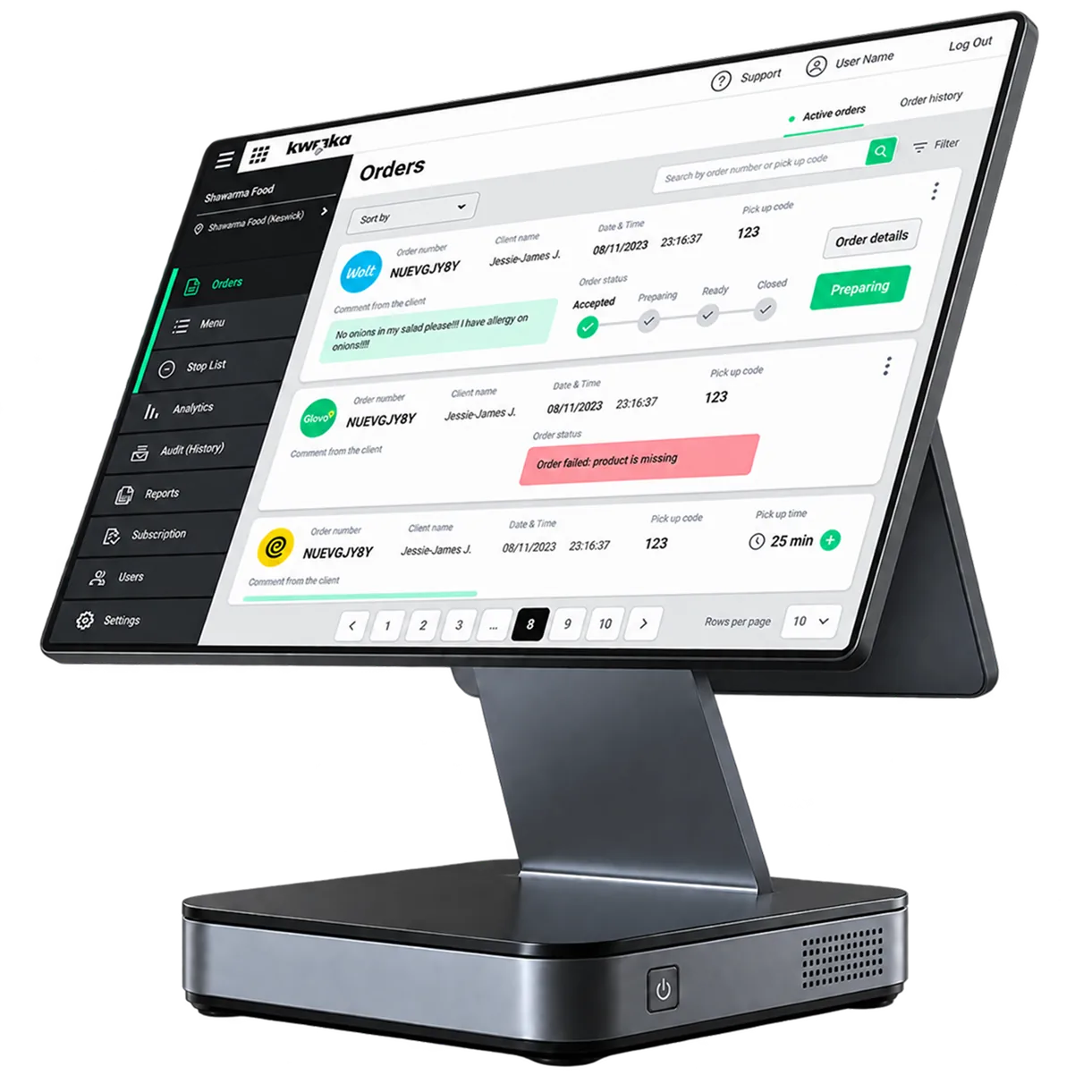 Kwaaka order management dashboard on a POS terminal
