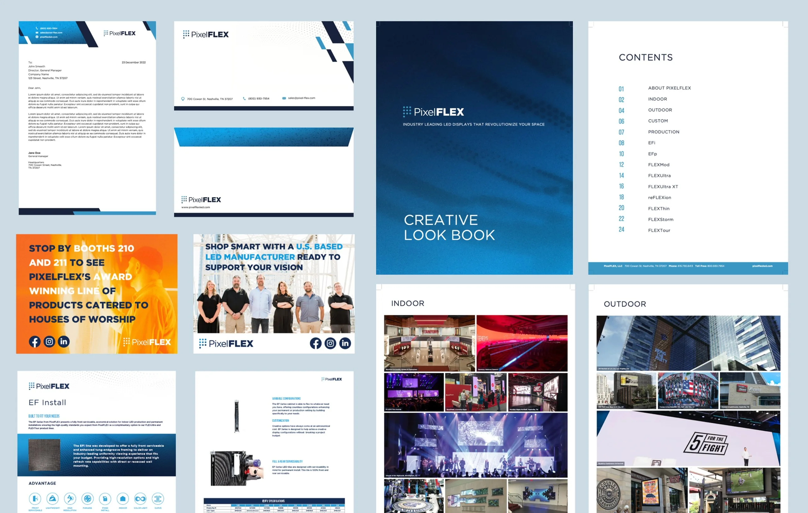 PixelFlex letterhead, envelope, trade show ads, creative look book and product spec sheets