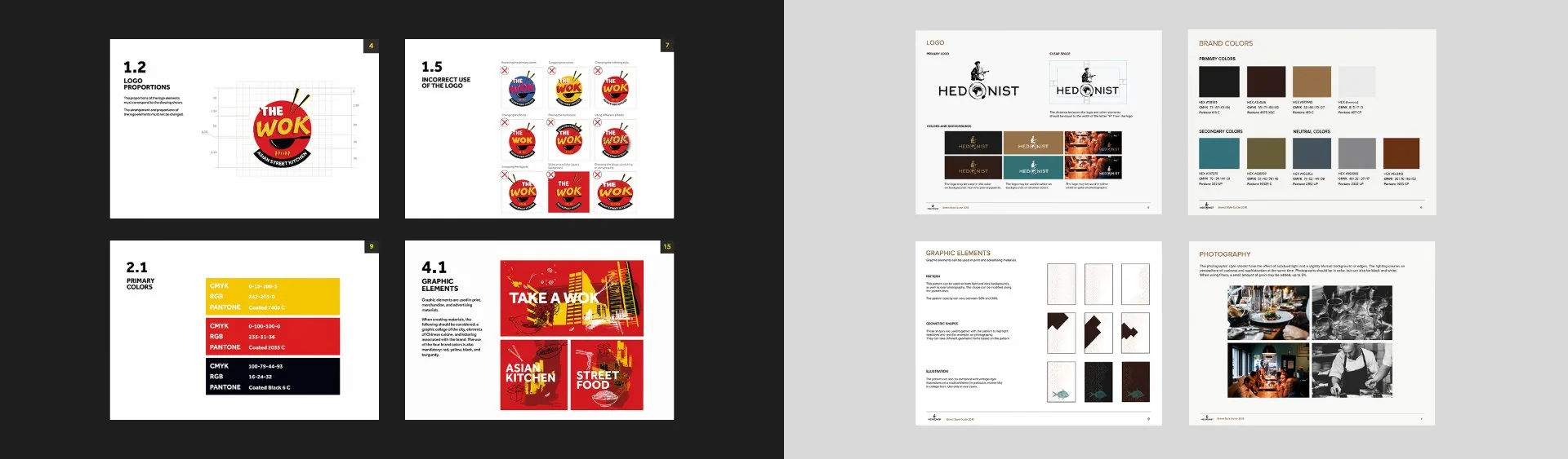 Brand style guide spreads for The Wok and Hedonist