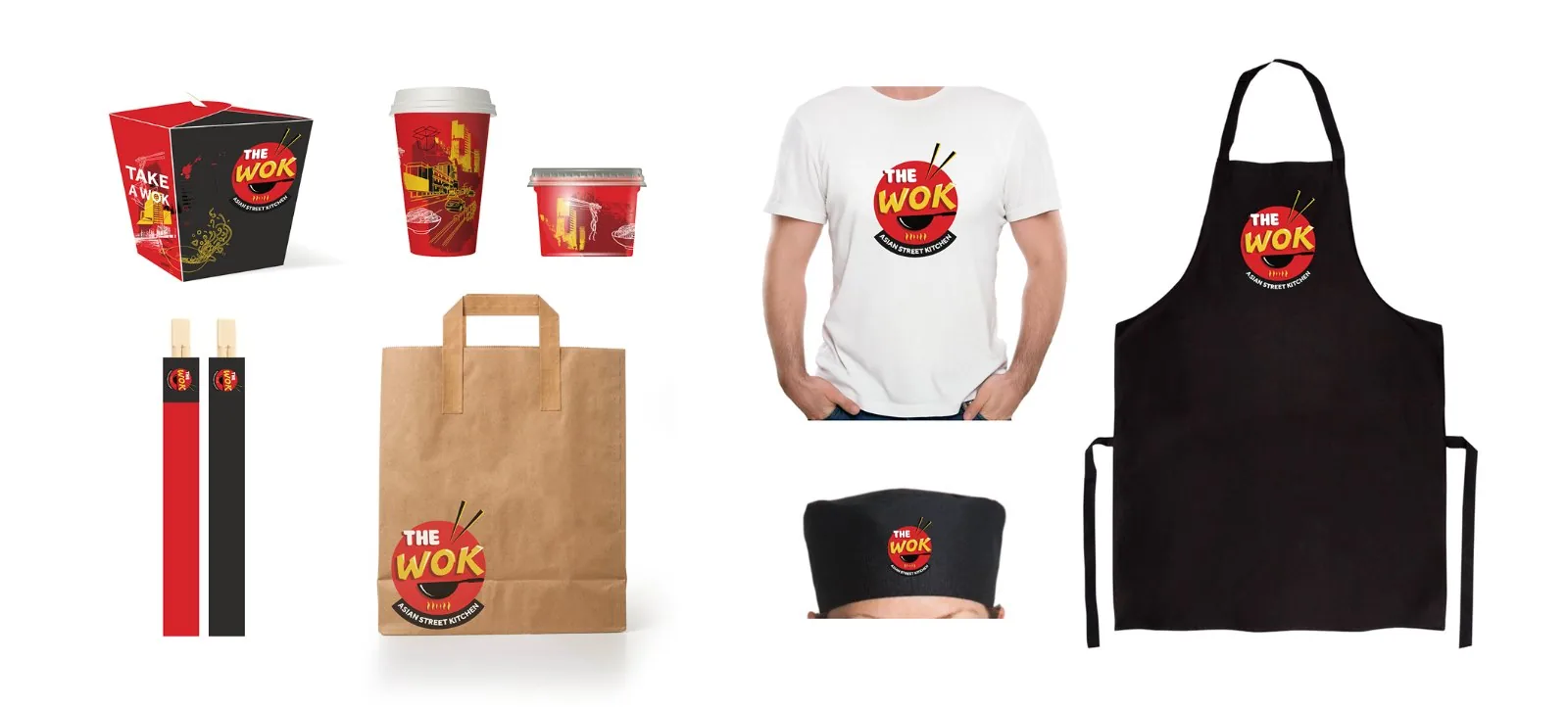 The Wok packaging, apparel and merchandise